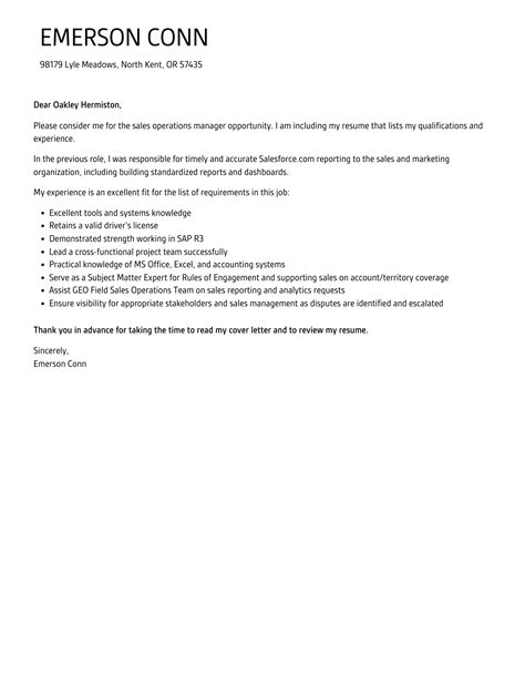 Sales Operations Manager Cover Letter Velvet Jobs