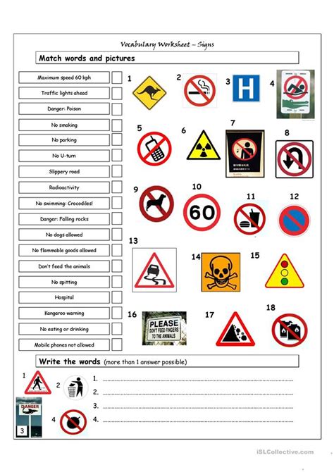 In order for children to be safe at all times and follow the proper regulations, it is important to teach them the safety lights and what they mean. Vocabulary Matching Worksheet - Signs worksheet - Free ESL ...