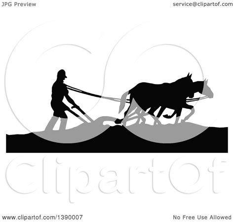 Clipart Of A Vintage Black And White Silhouetted Farmer Ploughing With