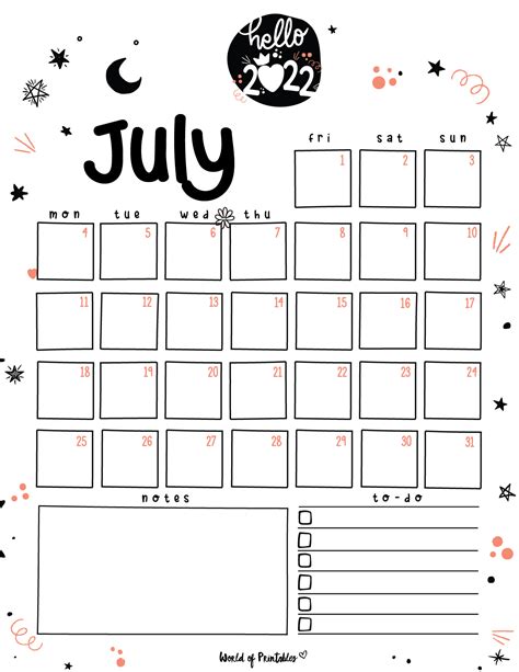 The Printable Calendar For July Is Shown In Black And White With Stars