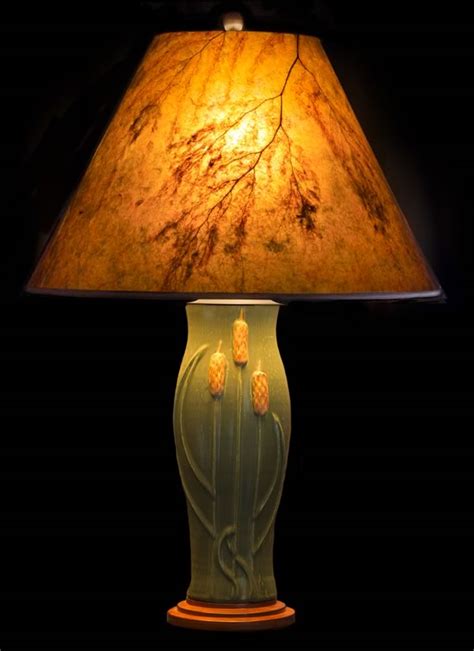 5 out of 5 stars. Door Pottery Green glaze Table Lamp with Cattails, Round Amber Mica Lamp Shade with Golden ...