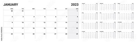 2023 Year Calendar Template Week Start Monday Planner Diary In A