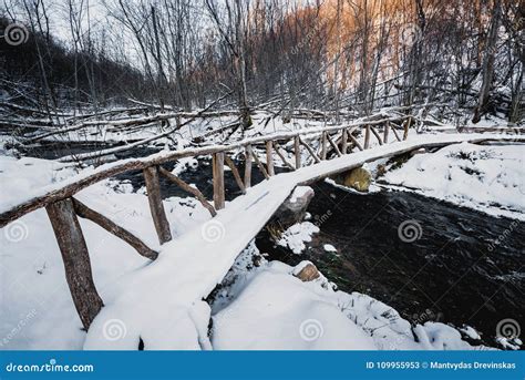 Snowy Small Wooden Bridge Above Forest Stream Stock Image Image Of
