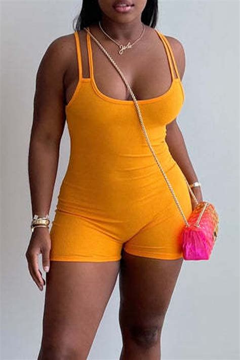 yellow sexy solid patchwork spaghetti strap skinny jumpsuits rompers knowfashionstyle