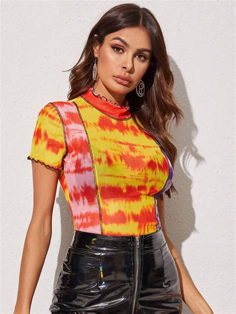 Shein Colorblock Tie Dye Sheer Mesh Crop Top Aesthetic Clothes Contrast Stitch Top Casual