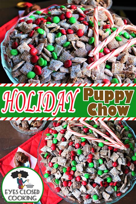 I wanted to coordinate food with the colors of the bridal shower. Classic Puppy Chow combines with red & green M&Ms to make ...