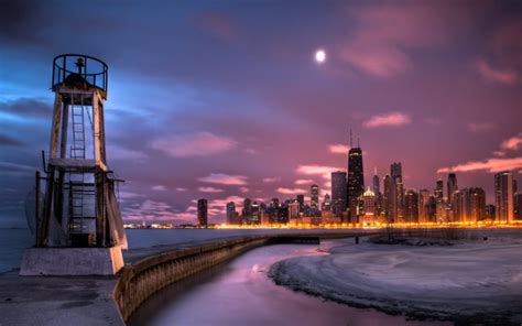 Chicago Winter Ice Jetty Lighthouse Lakes Night Lights