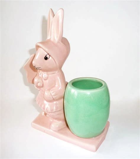 Ceramic Pink Bunny Planter~rabbit W Umbrella And Jardiniere Bejewelled