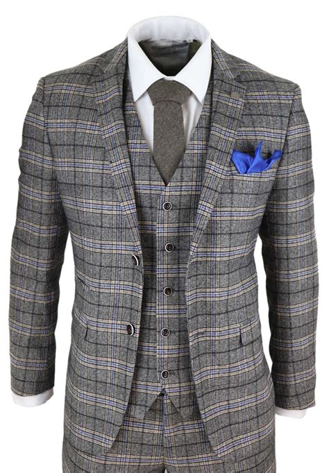Mens Grey 3 Piece Tweed Check Suit | Happy Gentleman