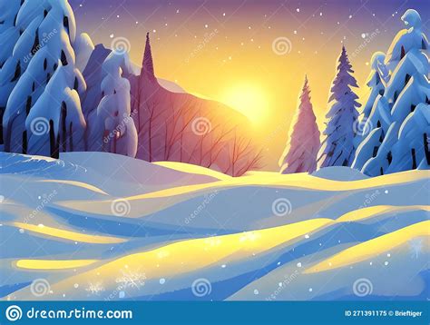 Illustration Of A Peaceful Winter Scene Snowy Trees Awash In The Fiery