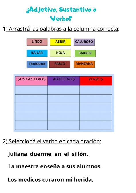 ¿sustantivo Adjetivo O Verbo Worksheet Practicas Del Lenguaje