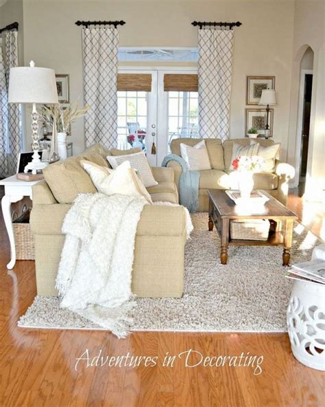 Tan And White Living Room Love The Curtains And Splashes Of Light Blue