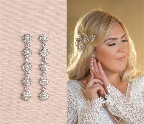 Bridal Earrings Long Dangle Pearl Wedding Earrings Swarovski Etsy