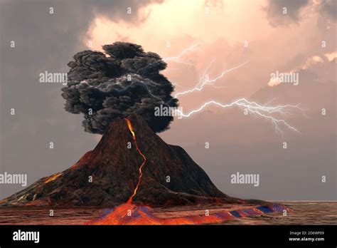 Volcano And Lightning Lightning And Thunder Crack Inside A Billowing