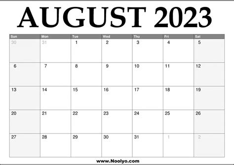 2023 August Printable Calendar Calendars Printable