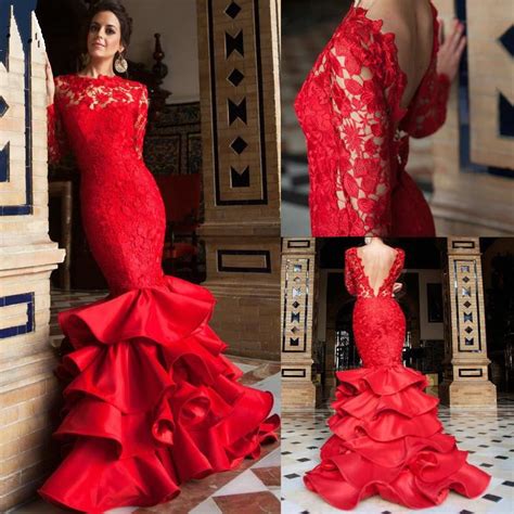 Red Mermaid Wedding Dresses Lace Long Sleeve V Back Tiered Ruffle