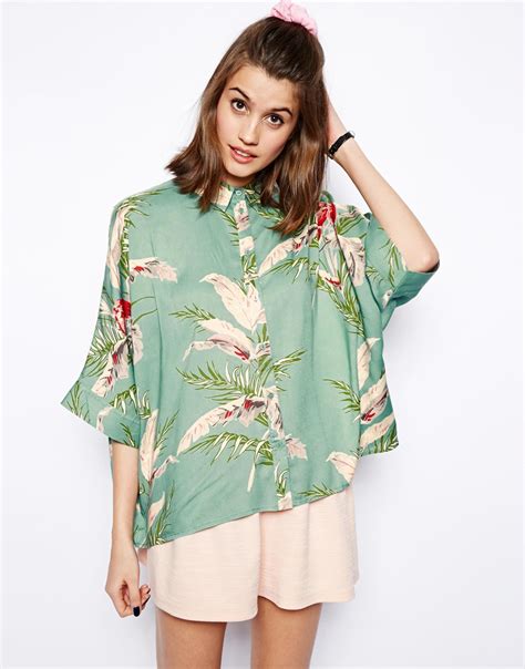 Lyst Asos Tropical Floral Print Short Sleeve Kimono Blouse In Blue