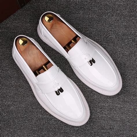 Men White Leather Shoes Slip On Fashion Male Formal Loafers Shoes Flats