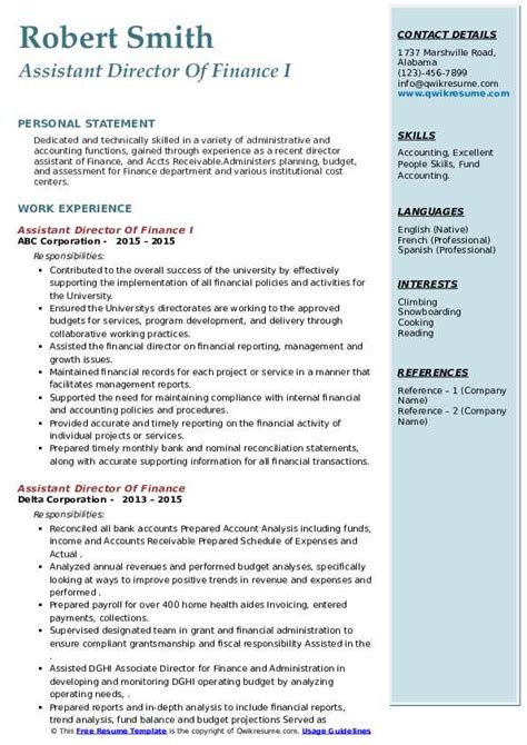Assistant Director Of Finance Resume Samples Qwikresume