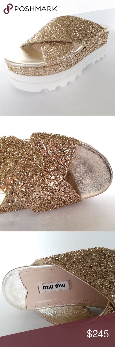 Miu Miu Gold Glitter Platform Sandals Size 385 Platform Sandals