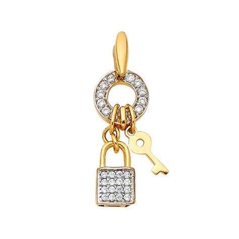14k Solid Yellow Gold Lock And Key Cz Pendant Charm Key To My Etsy Cz