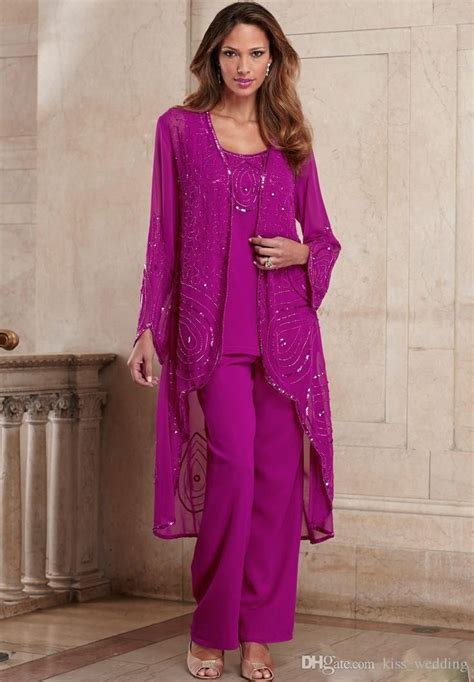 Plus Size Fuchsia Mother Of Bride Pant Suit Three Pieces Chiffon Mother Formal Wear Beaded
