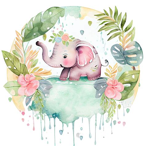 Beautiful Watercolor Baby Shower Art With Cute Elephant Baby
