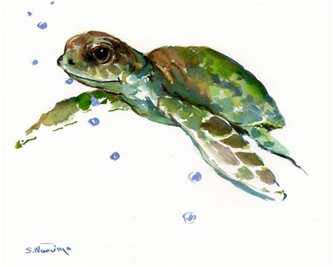 Baby Sea Turtle Olive Green Original Watercolor Painting 10 X 8 In