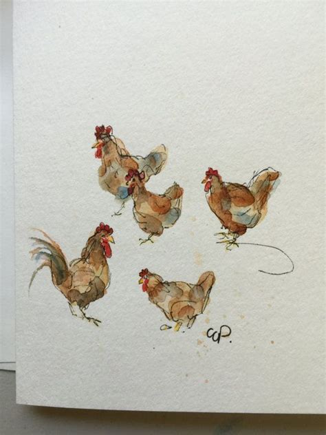 Chickens Watercolor Card Hand Painted Watercolor By Gardenblooms