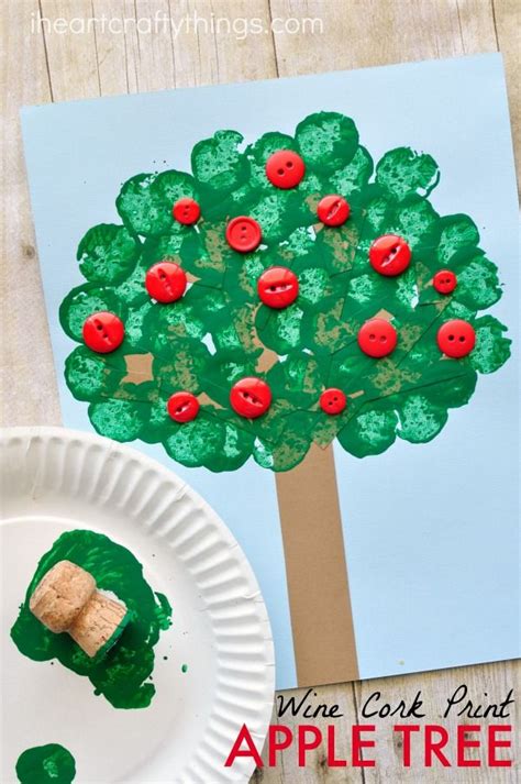 Wine Cork Stamped Apple Tree Craft Fall Crafts For Kids