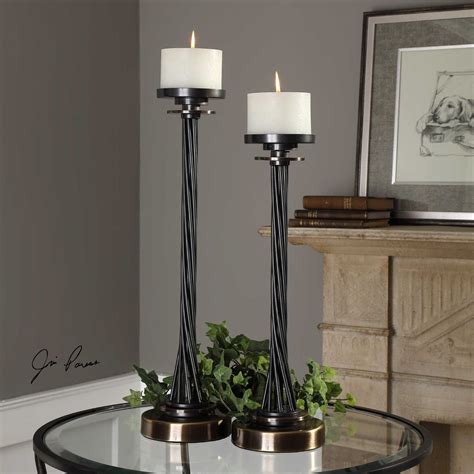 Twisted Aged Black Iron Pillar Candle Holder Brass Detail Industrial