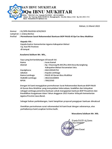 Surat Permohonan Rekomendasi Bantuan Bop 2023 Paud Ibnu Mukhtar Pdf