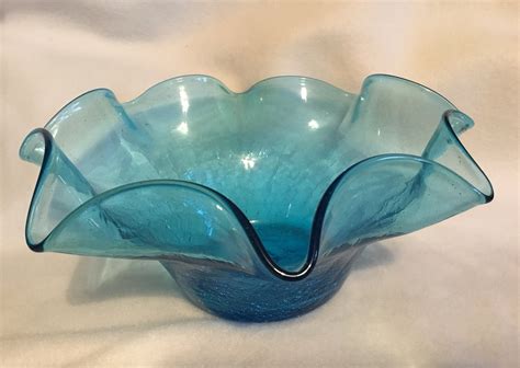 Vintage Blenko Turquoise Ruffled Glass Crackle Bowl Blenko Etsy