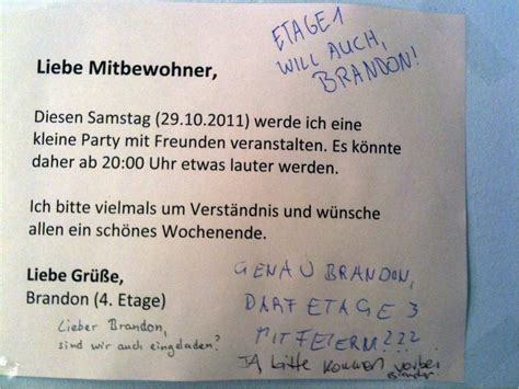 Akzeptieren, wenn die nachbarn um ruhe bitten und den lärmpegel nach 22 uhr auf zimmerlautstärke senken. Nachbarn Party Ankündigung Vorlage Großartig Hausparty In ...
