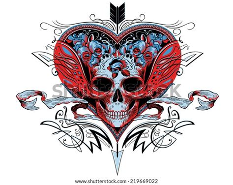 Skull Red Heart Graphic Flourishes Roses Stock Vector Royalty Free