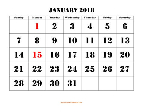 Free Download Printable January 2018 Calendar Large Font Design
