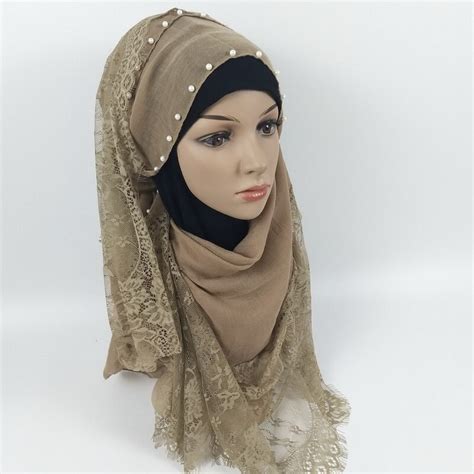 muslim scarves woman hijab solid color beading pearl decoration shining chiffon silk popular