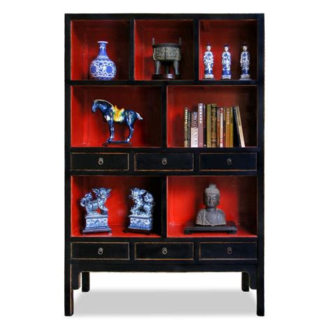 Distressed Black Elmwood Ming Oriental Bookcase Asian Interior Design