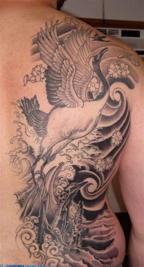 Black And Grey Japanese Crane Tattoo On Right Back Shoulder Crane