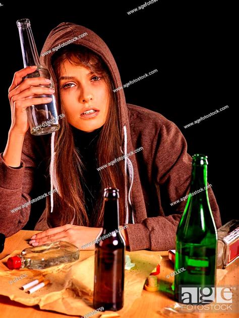 Drunk Girl Holding Group Bottle Of Alcohol Soccial Issue Female