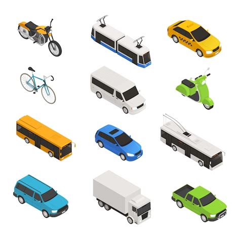 Free Vector City Transport Isometric Icon Set With Different Isolated Taxi Bus Bike Motorcycle