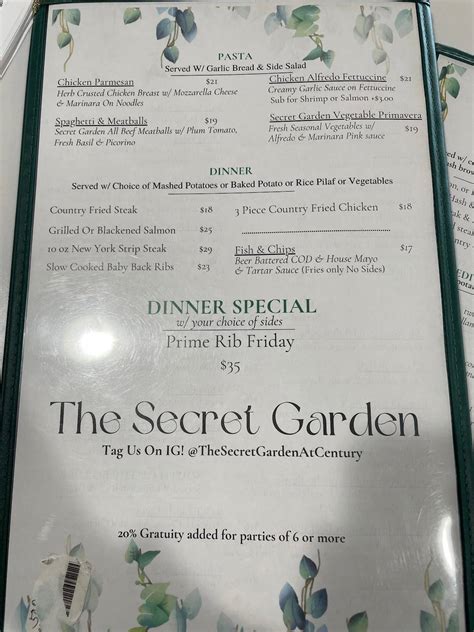 Menu at The Secret Garden restaurant, Modesto