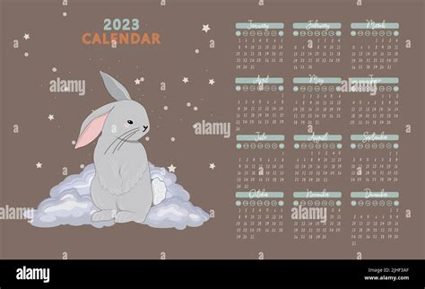 Calendar 2023 With Cute Rabbits Childrens Poster Year Of The Cat And