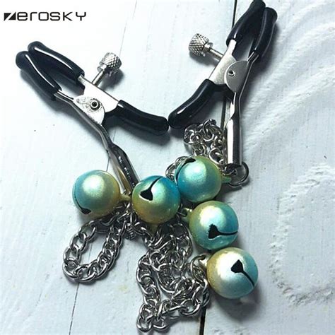 Zerosky Metal Bell Nipple Clamps With Chain Clips Flirting Teasing Sex