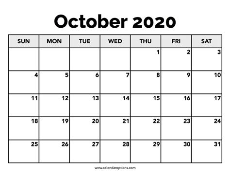 Calendar October 2020 Calendar Options