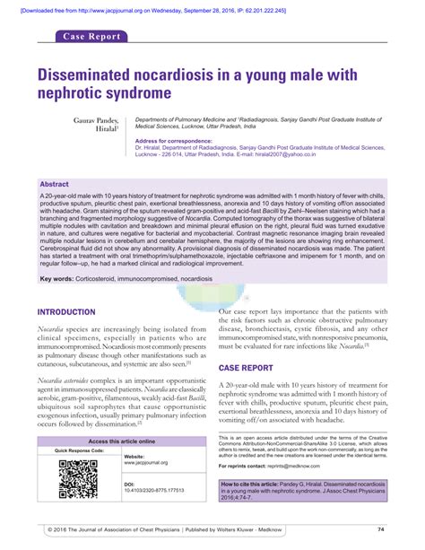Pdf Disseminated Nocardiosis In A Young Male With Nephrotic Syndrome