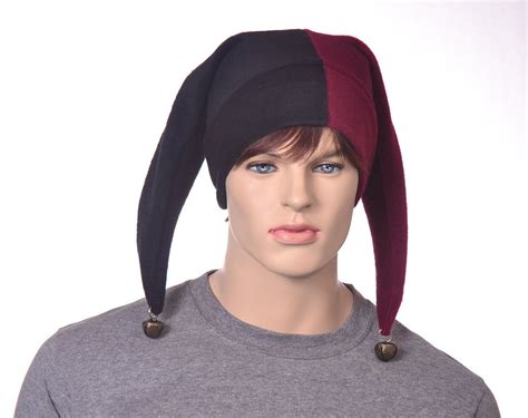 Goth Harlequin Cap In Maroon And Black Fleece 2 Tail With Bells Jester