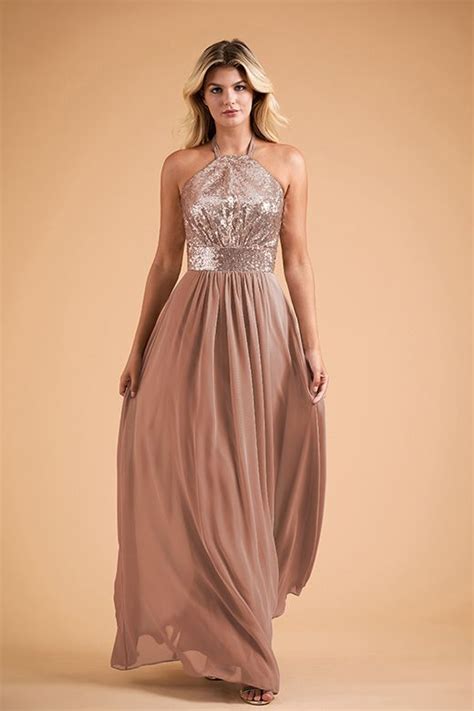 B223016 Sequin Halter Top Long Bridesmaid Dress With Thick Waistband And Poly Chiffon Skirt