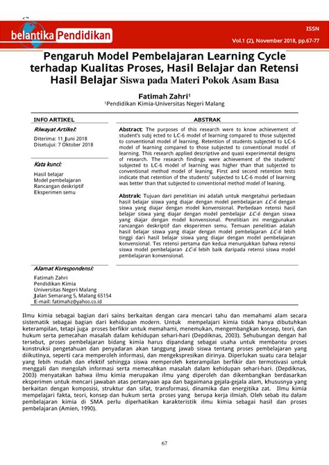 Pdf Pengaruh Model Pembelajaran Learning Cycle Terhadap Kualitas