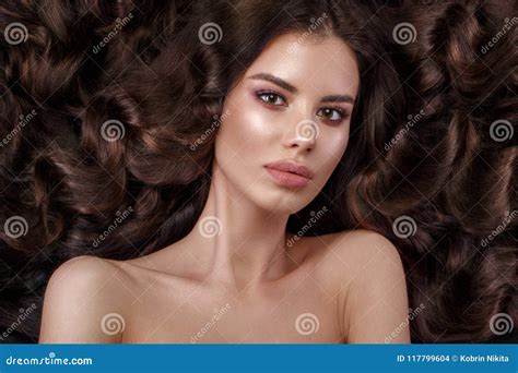 Beautiful Brunette Model Curls Classic Makeup And Full Lips The